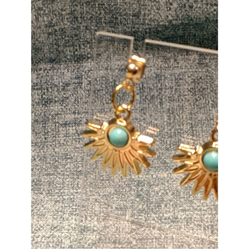 NWOT. Goldtone Sunburst Dangle Earrings with Faux Turquoise Center - Picture 7 of 8